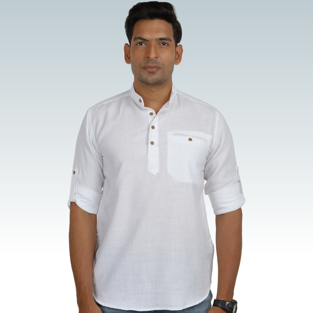 Frost White Linen Roll up Sleeve Short Kurta