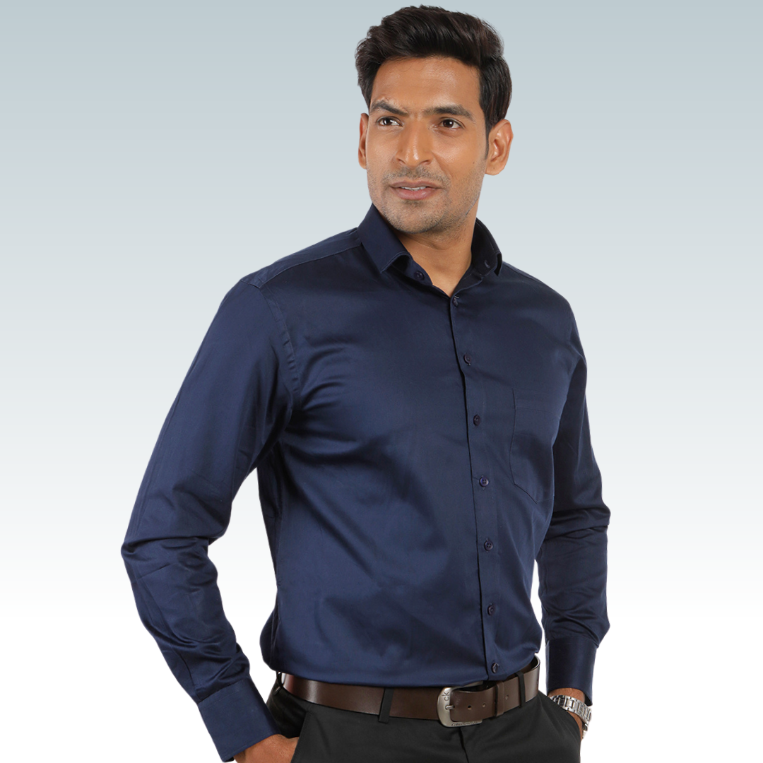 Navy Satin Regular Fit Cotton Shirt