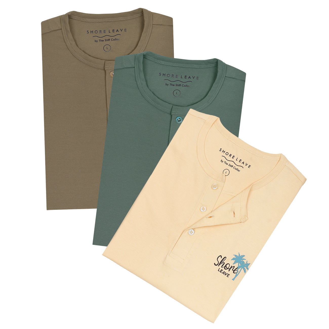 Premium 100% Cotton Henley T-shirt Combo Pack Of 3 (Cream, Khaki, Sage Green)