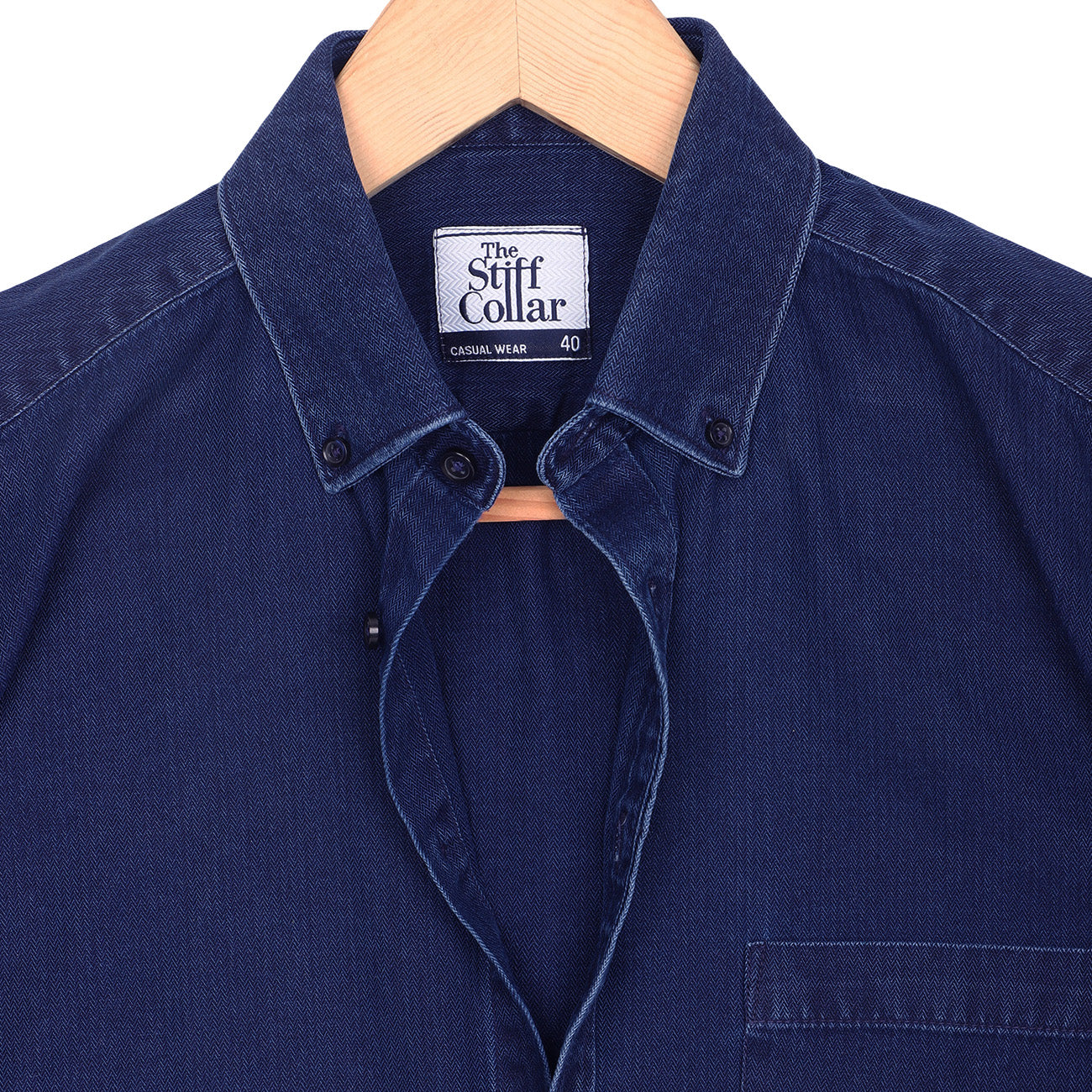 Indigo Blue Herringbone Denim Washed Button Down Collar Shirt